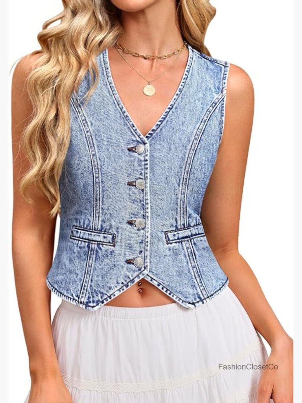 Women's Denim Vest Sleeveless Jean Vest Button Down V Neck Casual Summer Outfit